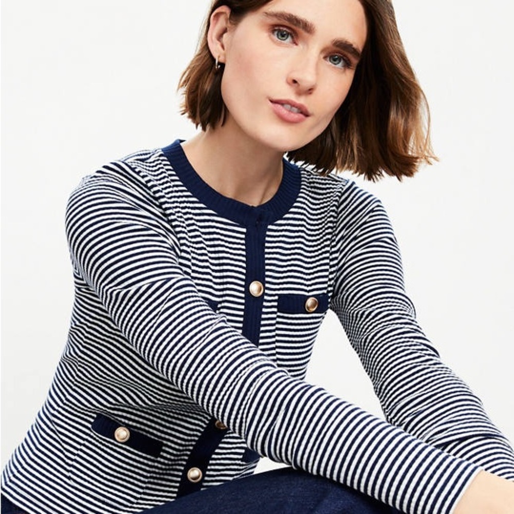 LOFT Navy and White Striped Pocketed Top